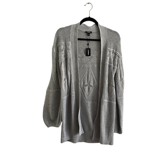 Express Women XS Gray Long Sleeve Open Knit Open Front Knit Cardigan Sweater NWT - Picture 1 of 10